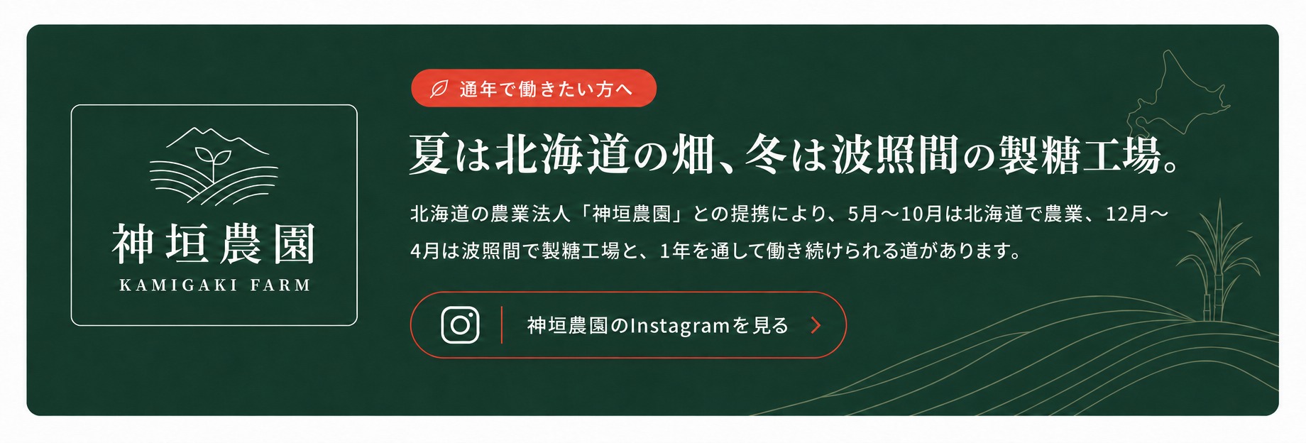 夏は北海道の畑、冬は波照間の製糖工場。北海道の農業法人「神垣農園」との提携により、1年を通して働き続けられる道があります。神垣農園のInstagramを見る